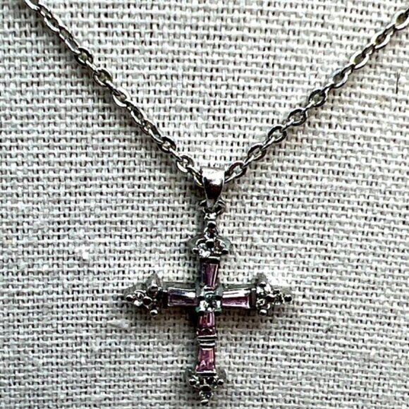 Vintage-Inspired Cookie Lee Cross Necklace With Pink & Clear Rhinestones. B76 - Picture 1 of 14